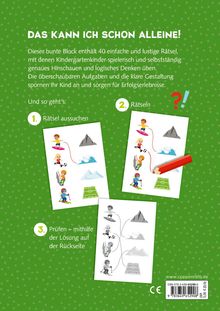 "Das kann ich schon alleine!" 40 Rätsel für Kinder. Schritte: 1. Rätsel aussuchen 2. Rätseln 3. Prüfen. Bunte Illustration.