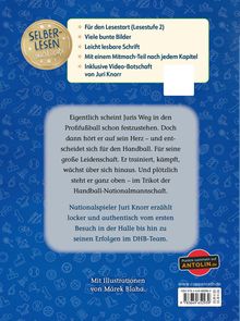 Text beschreibt Juris Entscheidung für Handball und erzählt von Juri Knorrs Erfolgen. "Selber lesen macht Spaß!" ist ein Logo.
