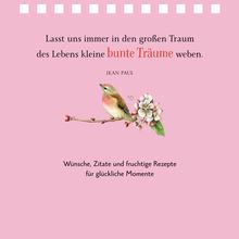 "Lasst uns immer in den großen Traum des Lebens kleine bunte Träume weben." Illustration: Vogel auf Zweig mit Blüten.