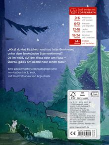 „Hörst du das Rascheln...“ Eine zauberhafte Gutenachtgeschichte. Illustration zeigt eine Waldszene mit Sternen. Logo oben rechts.