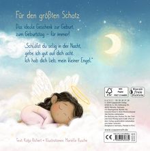 „Für den größten Schatz. Schläfst du selig in der Nacht...“. Illustration: Schlafender Engel auf Wolken unter Sternenhimmel.