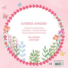 "GLITZERNDER AUSMALSPASS! Ran an die Stifte und viel Spaß!" Blumen und Schmetterlinge auf rosa Hintergrund.