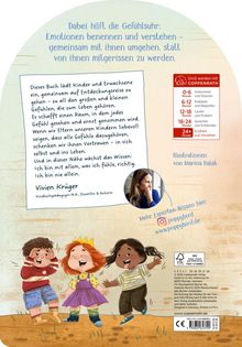 Text oben: „Dabei hilft die Gefühlsuhr: Emotionen benennen und verstehen“. 
Illustration von drei lachenden Kindern.