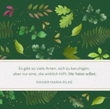Ein Zitat von Rainer Maria Rilke betont die beruhigende Kraft der Natur, umgeben von verschiedenen grünen Blättern.