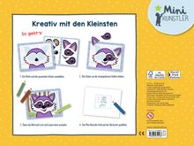 "Kreativ mit den Kleinsten: So geht's: 1. Ein Motiv und die passenden Sticker auswählen. 2. Die Sticker an die vorgegebenen Stellen kleben. 3. Dann das Bild nach Lust und Laune bunt anmalen. 4. Das Mini-Künstler-Feld auf der Rückseite ausfüllen."

Illustration: Ein Waschbär mit Stickern, Stifte und Anleitungen auf einem gelben Hintergrund mit Sternen.