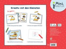 Links steht: "Kreativ mit den Kleinsten. So geht's:". Schritte mit Stickern und Stiften. Logo: "Mini Künstler".