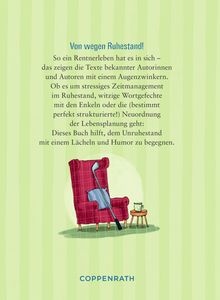 "Von wegen Ruhestand!" beschreibt humorvoll den Unruhestand. Ein roter Sessel, Golf-Schläger, blaues Kissen und Tee.