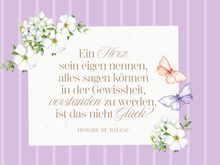 Zitat von Honoré de Balzac, umgeben von Blumen und Schmetterlingen auf lila-gestreiftem Hintergrund.