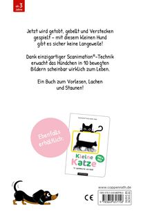 Text oben: „Jetzt wird getobt, gebellt und Verstecken gespielt...“
Unten ein animierter Hund und das Buch „Kleine Katze“.