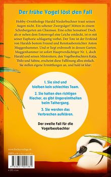 Buchrückseite: Gelber Hintergrund, Text um einen Hobby-Ornithologen, der einen Fall löst. Rechts unten ein Entenvogel.