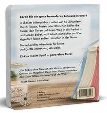 Ein Mitmachbuch, um Zirkustiere zu retten. Kinder helfen Tieren in die Freiheit. Ein Zirkus kann ohne Tiere Spaß machen. Links ein Popcorn-Wagen und rechts ein Zirkuszelt.