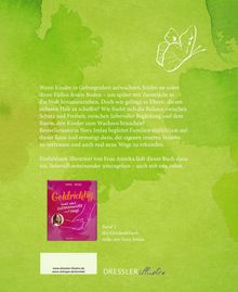 Ein grüner Hintergrund mit einem Schmetterlingsumriss, einem Text über Kindererziehung und einem Buchcover mit dem Titel "Goldrichtig".