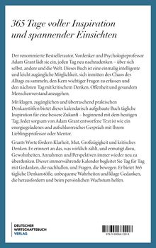 "365 Tage voller Inspiration und spannender Einsichten." Text zu einem Buch von Adam Grant, das tägliche Denkanstöße bietet. Unten links: Logo "Deutscher Wirtschaftsbuch Verlag".