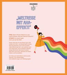 Text: „Weltreise mit Aha-Effekt!“. Illustration: Eine Person in orange, hält Megafon, aus dem ein Regenbogen erscheint.