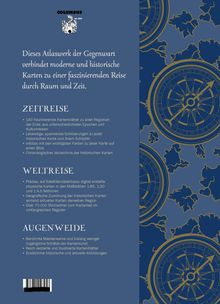 Text über moderne und historische Karten. Gliederung in "ZEITREISE", "WELTREISE" und "AUGENWEIDE". Hintergrund mit Kompass-Illustrationen.
