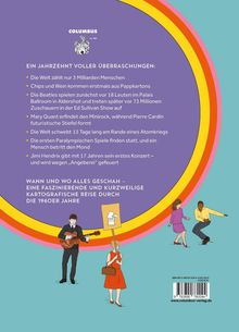 Ein Jahrzehnt voller Überraschungen: Ereignisse der 1960er. Illustration mit Regenbogen und tanzenden Figuren.