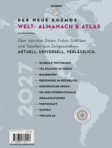 "Der neue Kosmos Welt-Almanach & Atlas" steht oben. Darunter "Über 250.000 Daten..." und eine Liste globaler Themen auf blauer Weltkarte.