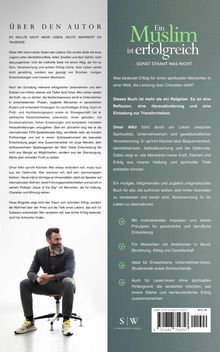 Texte: "Über den Autor", "Ein Muslim ist erfolgreich", "Dieses Buch ist mehr als ein Ratgeber", ISBN-Nummer.  
Links: Mann auf Stuhl, sitzt entspannt. Rechts: Textblock auf grünem Hintergrund mit Häkchenpunkten.