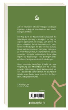 Ein grüner Buchrücken mit Text über den Hildegard von Bingen Pilgerwanderweg, spirituelle Entdeckungen und Erweiterungen.