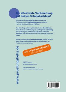 Ein blaues Logo mit einem Kreis, daneben der Text: "Die effektivste Vorbereitung auf deinen Schulabschluss!" Darunter Details zur Prüfungsvorbereitung und Originalprüfungen von 2023 bis 2025. Links steht "www.pruefungshefte.de".