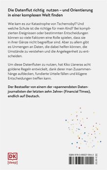 Der Text beschreibt, wie Daten helfen, Komplexität zu verstehen. Er erwähnt Kiko Llaneras' Regeln für bessere Entscheidungen. Unten links ist ein "DK deep" Logo und mehrere bunte Punkte rechts. ISBN unten.