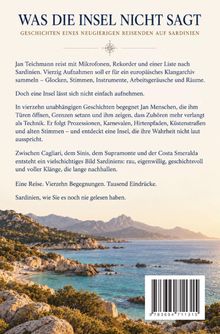 „Was die Insel nicht sagt“ steht oben. Darunter ein Text über Jan Teichmanns Reisen auf Sardinien. Unten Landschaft mit Meer.