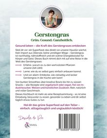 Gerstengras. Grün. Gesund. Ganzheitlich. Gesund leben entdecken. Foto einer Person mit einer Schale, lächelnd. Barcode unten.