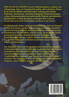 Ein beschriebener Text über Themen wie Grundrechte, Konfliktlinien und kulturelle Integration in Europa. Hintergrund zeigt eine Europakarte mit einem Halbmond und Sternen.