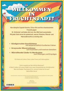 "WILLKOMMEN IN FRUCHTSTADT!" steht groß in einem regenbogenfarbenen Himmel. Unten: Beschreibung von Abenteuergeschichten.