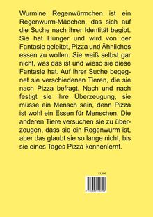 Ein Regenwurm-Mädchen sucht ihre Identität, glaubt Mensch zu sein wegen Pizza. Tiere überzeugen sie anders. Gelber Hintergrund.