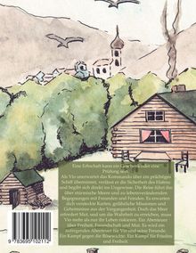 Ein Textblock beschreibt Vios Abenteuer. Häuser, Bäume, Berge, Vögel und ein Kirchturm in Aquarellstil sichtbar.