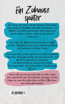„Ein Zuhause später“ steht oben in großer Schrift. Text beschreibt das Zusammenleben und Abenteuer von drei Frauen. Farben: Blau und Rosa.