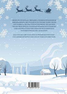 Text über bekannte Weihnachtslieder und Schwierigkeitsstufen. Winterliche Illustration mit Schneeflocken und Schlitten.