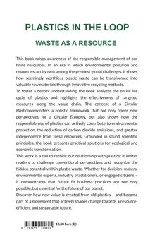 "PLASTICS IN THE LOOP – WASTE AS A RESOURCE" in grüner Schrift. Text beschreibt Buchinhalt über Plastikrecycling. Preis: 18 Euro.
