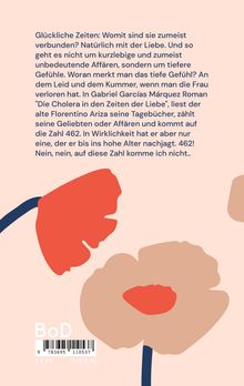 Text über die Bedeutung von Liebe und Leid. Unten abstrakte, farbige Blumenformen in Rot und Beige auf hellem Hintergrund.