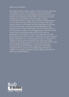 Text: „Midstrom ist gefallen. Die Hauptstadt der Lokrier wurde von den Zentauren und ihren Verbündeten erobert...“, auf grauem Hintergrund.