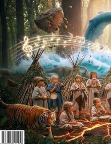 Leuchtende Noten schweben. Kinder spielen Instrumente im Wald, ein Tiger geht vorbei, Wasser und Felssplitter schweben.