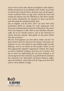 Texte: Diskussion über den Begriff "Werte" und dessen Missbrauch durch Despoten, tech-gesteuerte Kontrolle. Unten steht "BoD".