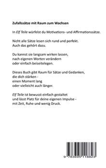 Zufallssätze zum Wachsen. In *Elf Teile* würfelst du Motivation. Raum für starke Gedanken, einfach gestaltet. Code unten.