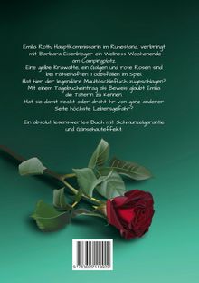 Text über Emilia Roth, mysteriöse Todesfälle, Maultäschlefluch; Illustration einer roten Rose auf grünem Hintergrund.