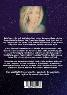 Text über Erlangen eines neuen Bewusstseins und Transformation; oben eine Fotografie einer Person; Hintergrund mit kleinen, leuchtenden Punkten.