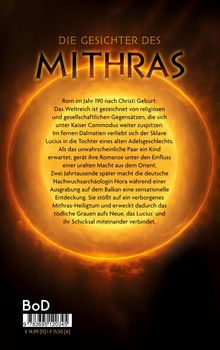 "Die Gesichter des Mithras" in großer Schrift vor einer Sonnenfinsternis. Text über Rom im Jahr 190 n. Chr. und eine Archäologin.