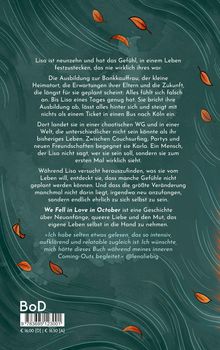 Auf grünem Hintergrund schwimmen Blätter. Ein Text beschreibt Lisas Reise der Selbstfindung und Neuanfänge in Köln.