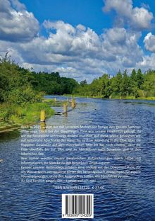 Text über Sommerreise auf Motorboot, Flexibilität, Natur und Reisebuch. Unten ISBN und Preis. Hintergrund: Fluss und Wald.