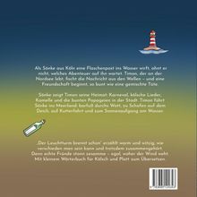 Oben Text über eine Flaschenpost. Unten Text über Freundschaft. Rechts ein gezeichneter Leuchtturm, links eine Flasche.