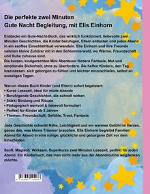 Ein Buchcover mit farbenfrohen Sternen, einem Text über eine zwei Minuten Gute-Nacht-Begleitung mit Elis Einhorn.