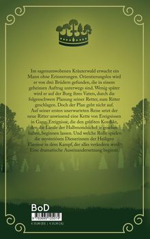 Ein mysteriöser Waldhintergrund mit einer Krone und Bäumen darüber. Text beschreibt eine epische Reise eines Ritters.
