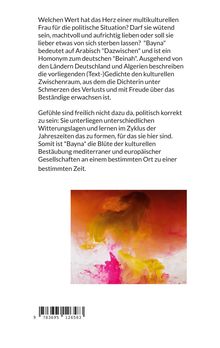 Text über die kulturelle Bedeutung von "Bayna", einer Verbindung von Gefühlen zwischen Deutschland und Algerien. Darunter eine abstrakte Illustration in Orange, Gelb und Pink. Darunter ein Barcode.
