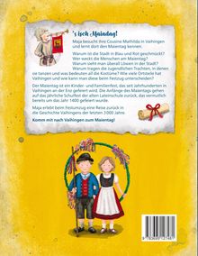 Text über den "Maientag" in Vaihingen, mit Illustrationen von Kindern in Trachten und einem goldgelben Hintergrund.