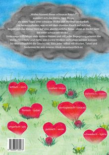 Texte: "lettisch - sirds", "finnisch - sydan", "suahili - moyo", "polnisch - serce", "portugiesisch - coracao", "italienisch - cuore", "schwedisch - hjärta". Illustration mit roten Herzen auf grünem Feld, düstere Wolke am Himmel.